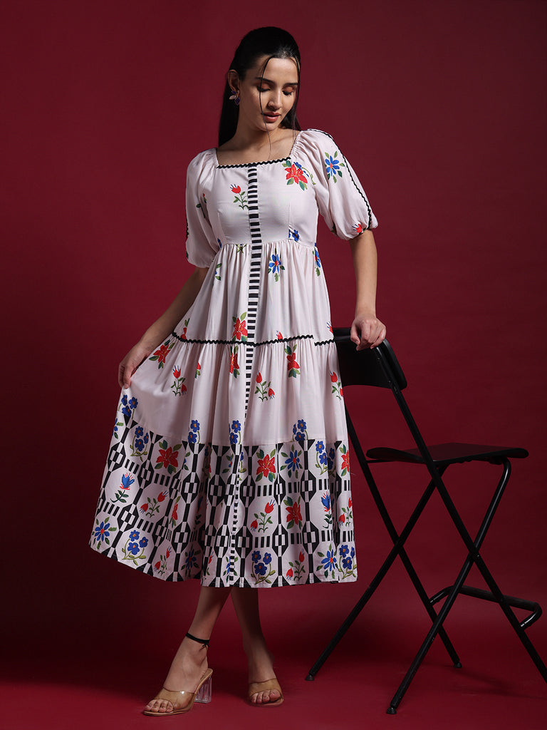 Beige Floral Printed Fit & Flare Midi Dress