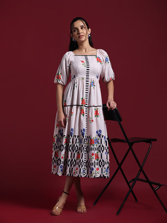 Beige Floral Printed Fit & Flare Midi Dress