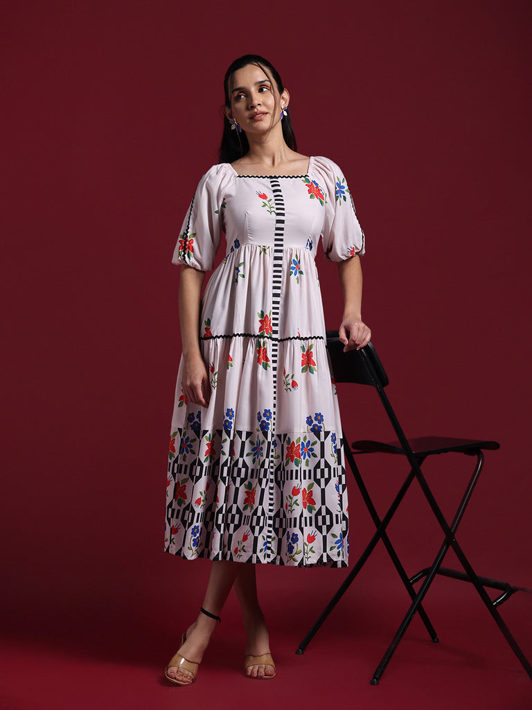 Beige Floral Printed Fit & Flare Midi Dress