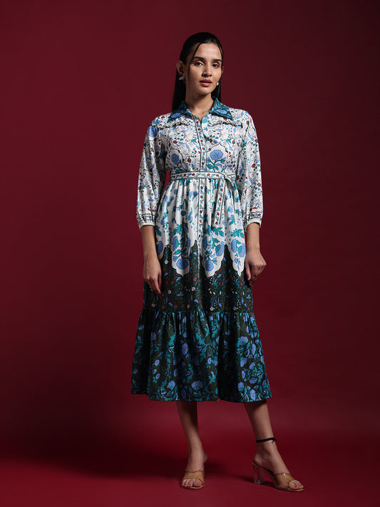 White & Green Floral Printed Fit & Flare Midi New Dress