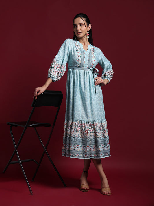 Powder Blue Floral Printed Fit & Flare Midi Dress