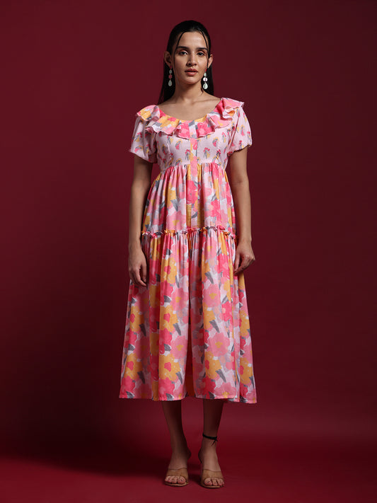 Pink Floral Printed Fit & Flare Midi Dress
