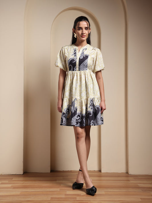 Lemon Yellow Floral Printed Fit & Flare Mini Dress