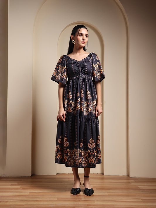 Black Printed Ruched Fit & Flare Midi Dress