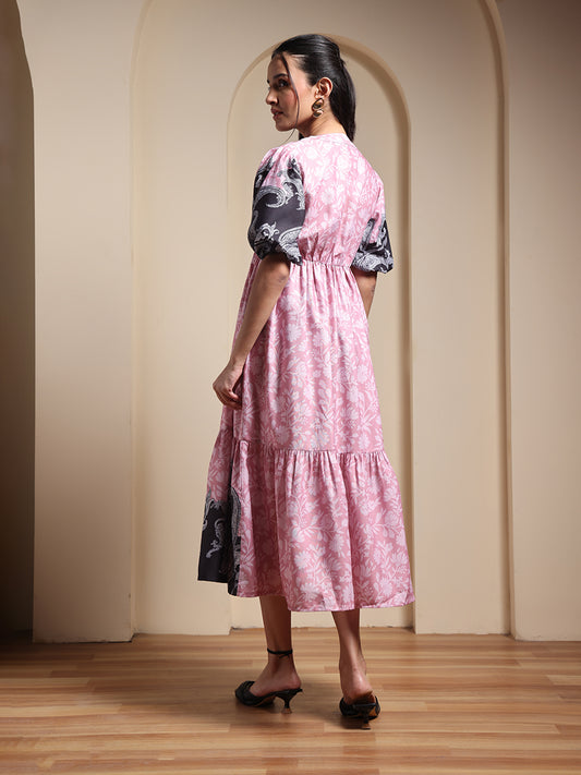 Pink & Black Floral Paisley Printed Midi Dress