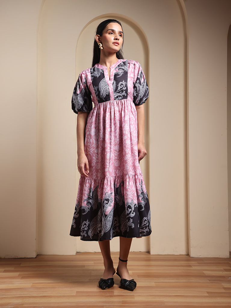 Pink & Black Floral Paisley Printed Midi Dress