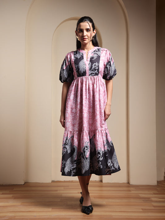 Pink & Black Floral Paisley Printed Midi Dress