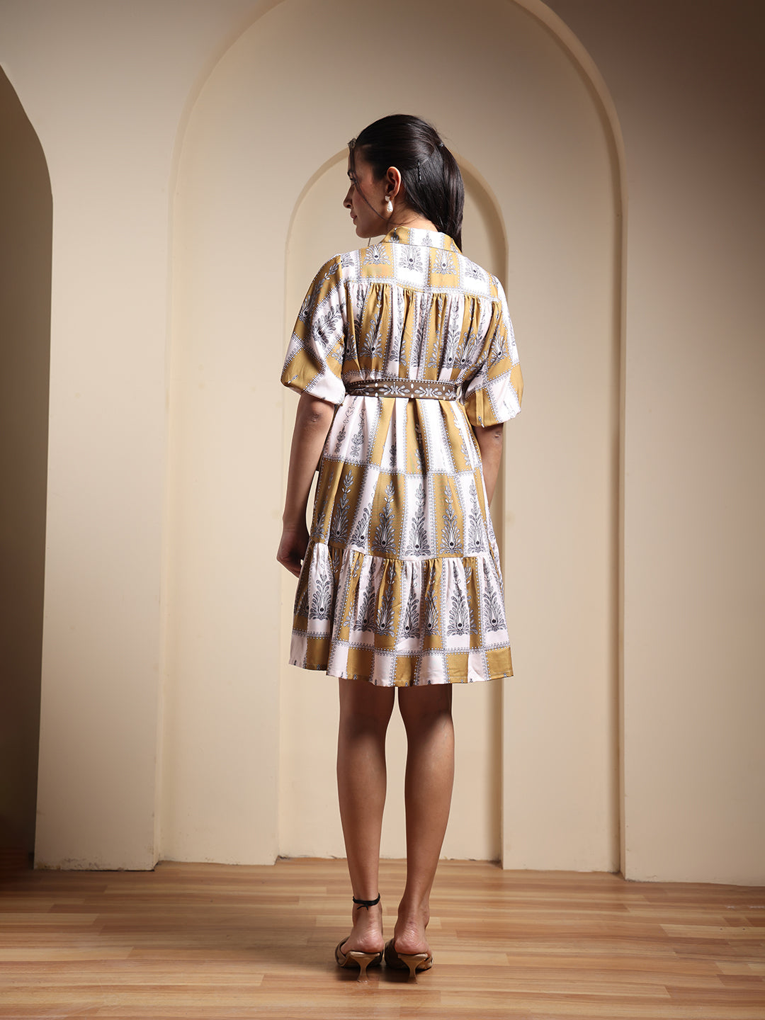 Mustard & White Printed Collared Fit & Flare Mini Dress