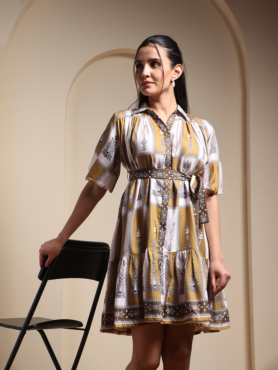 Mustard & White Printed Collared Fit & Flare Mini Dress