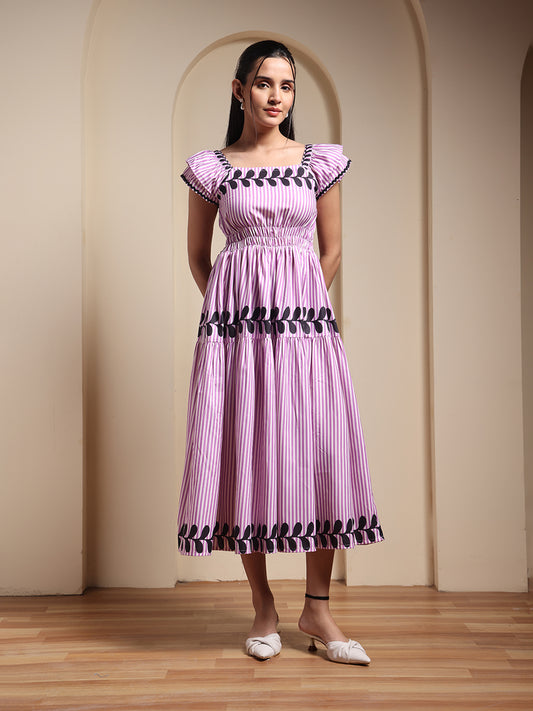 Pink Striped Printed Fit & Flare Midi Dress