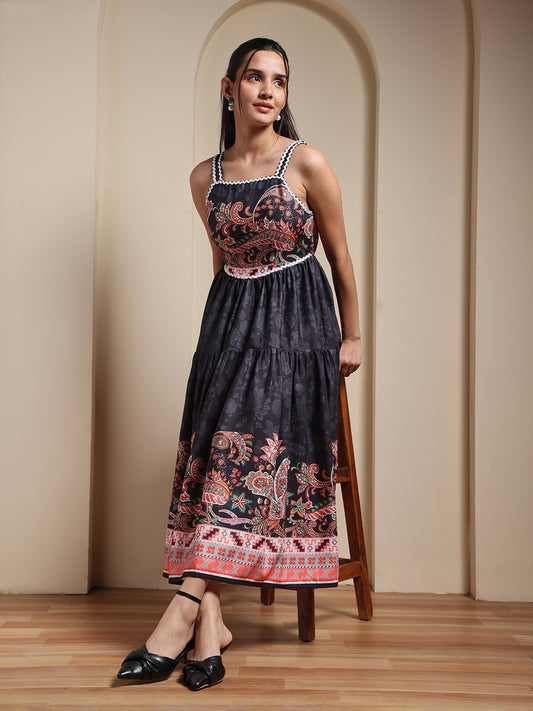 Black Paisley Printed Fit & Flare Midi Dress