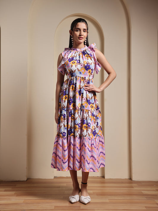 Multicolor Floral Printed Fit & Flare Midi Dress