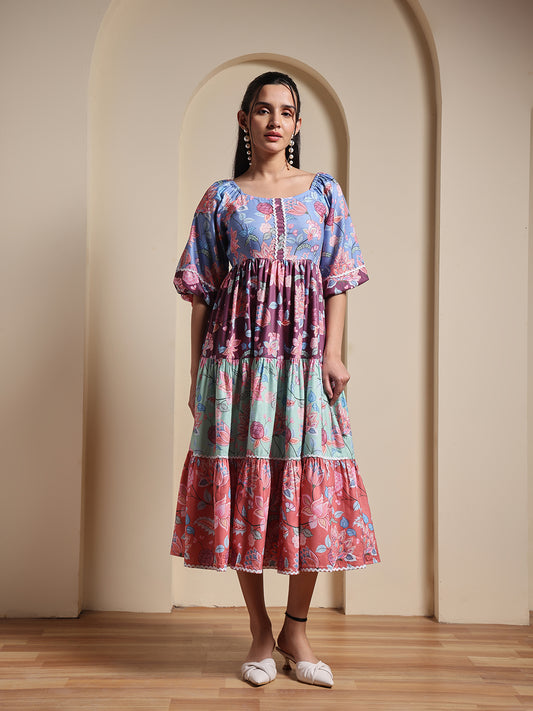 Multicolor Floral Printed Fit & Flare New Midi Dress
