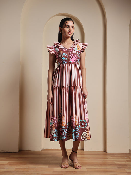 Brown Floral Printed Fit & Flare Midi Dress