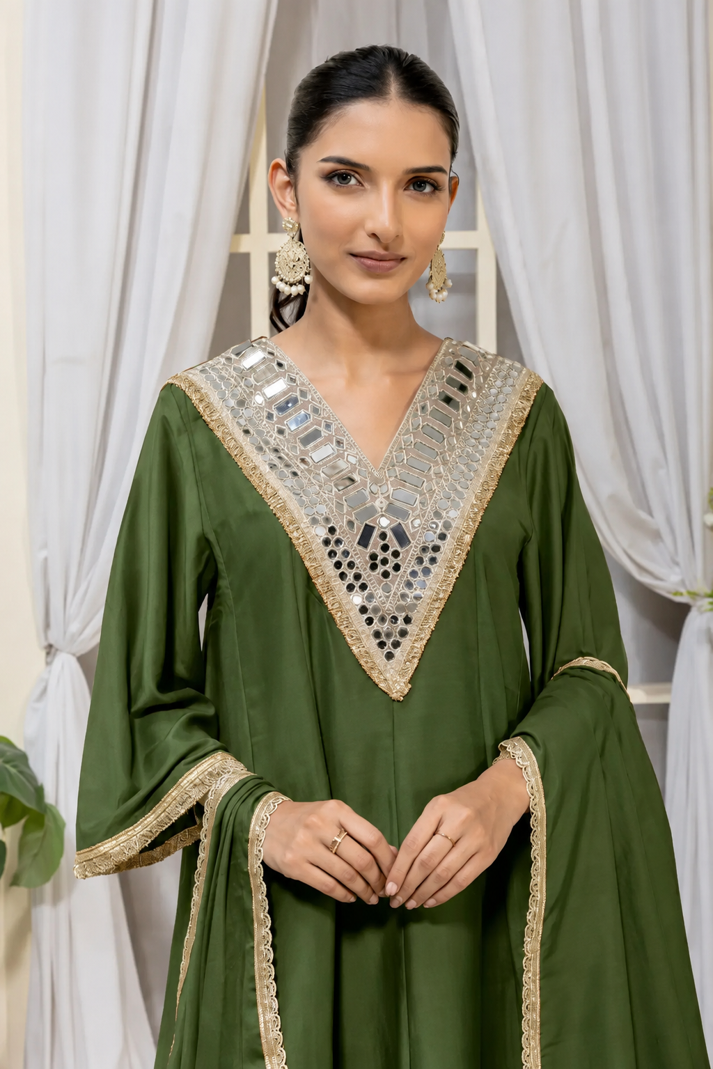 Bottle Green Embellished Kurta Palazzo Suit Set with Dupatta