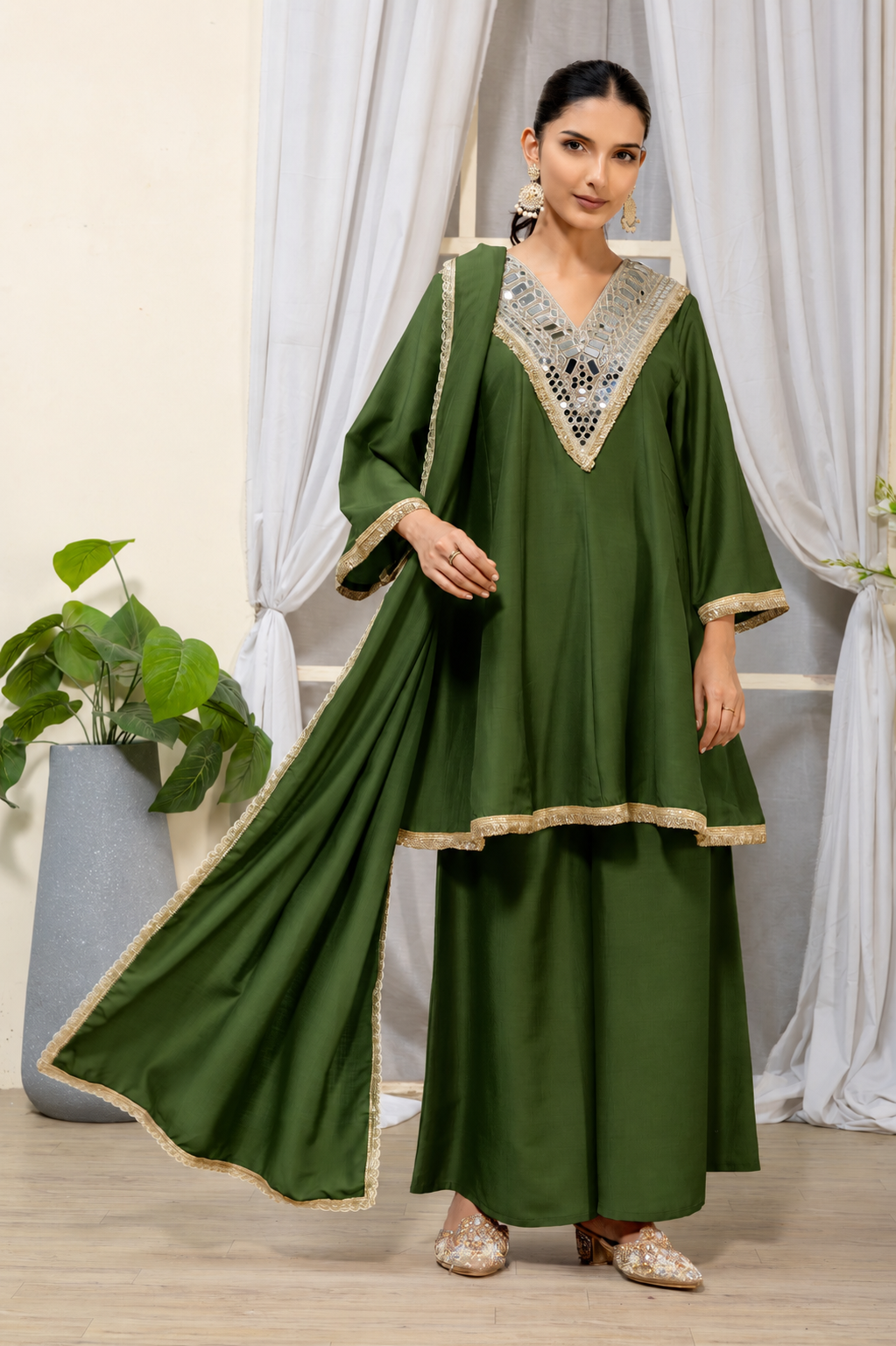 Bottle Green Embellished Kurta Palazzo Suit Set with Dupatta