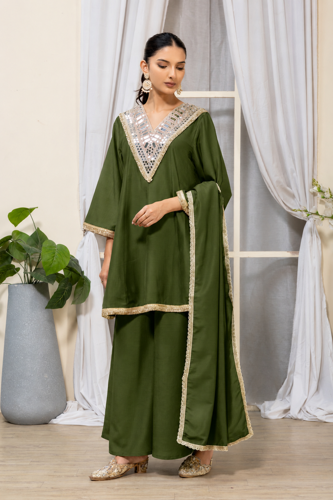 Bottle Green Embellished Kurta Palazzo Suit Set with Dupatta