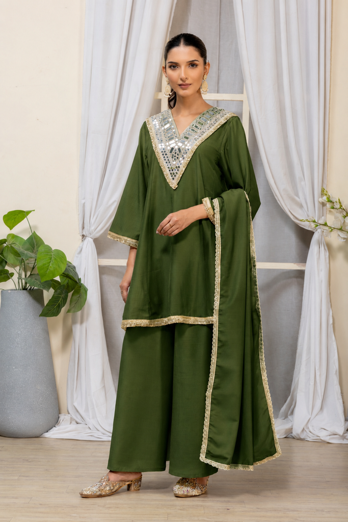 Bottle Green Embellished Kurta Palazzo Suit Set with Dupatta
