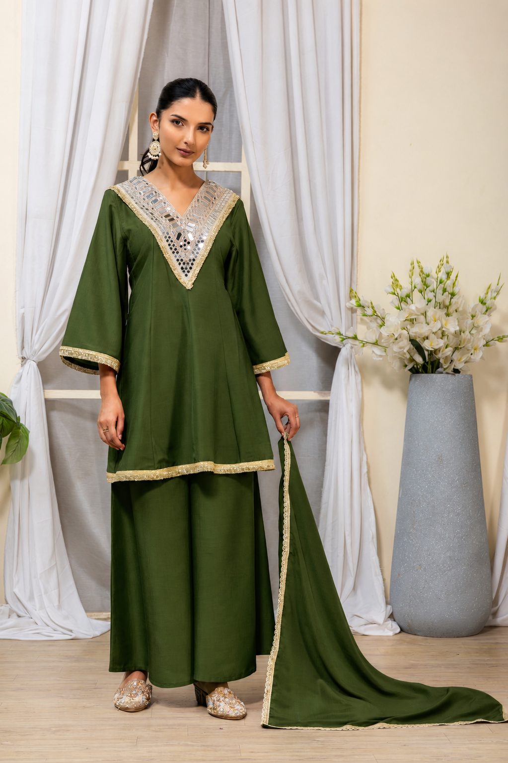 Bottle Green Embellished Kurta Palazzo Suit Set with Dupatta
