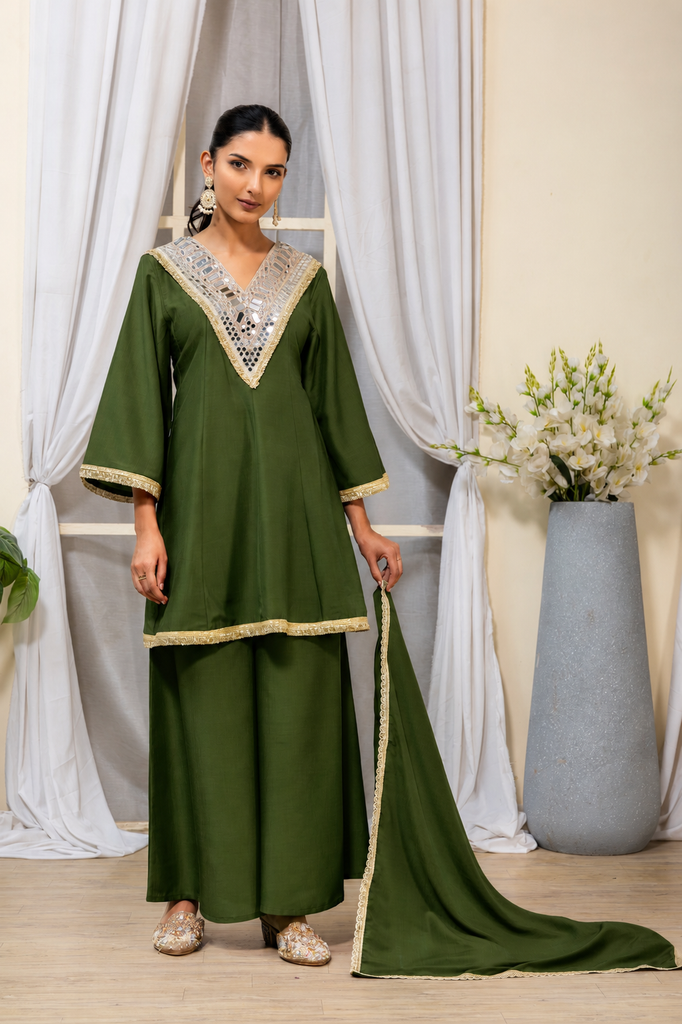 Bottle Green Embellished Kurta Palazzo Suit Set with Dupatta