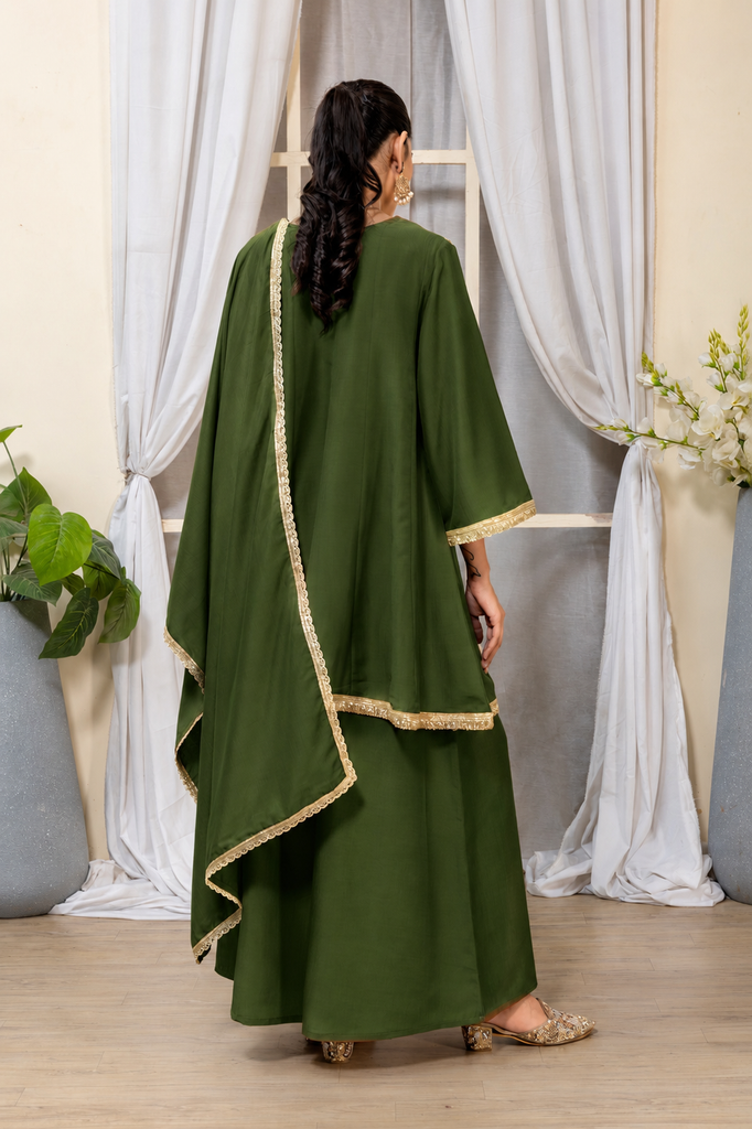 Bottle Green Embellished Kurta Palazzo Suit Set with Dupatta