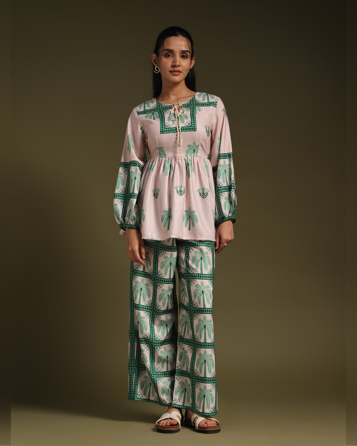 Beige & Green Printed Co-Ord Set