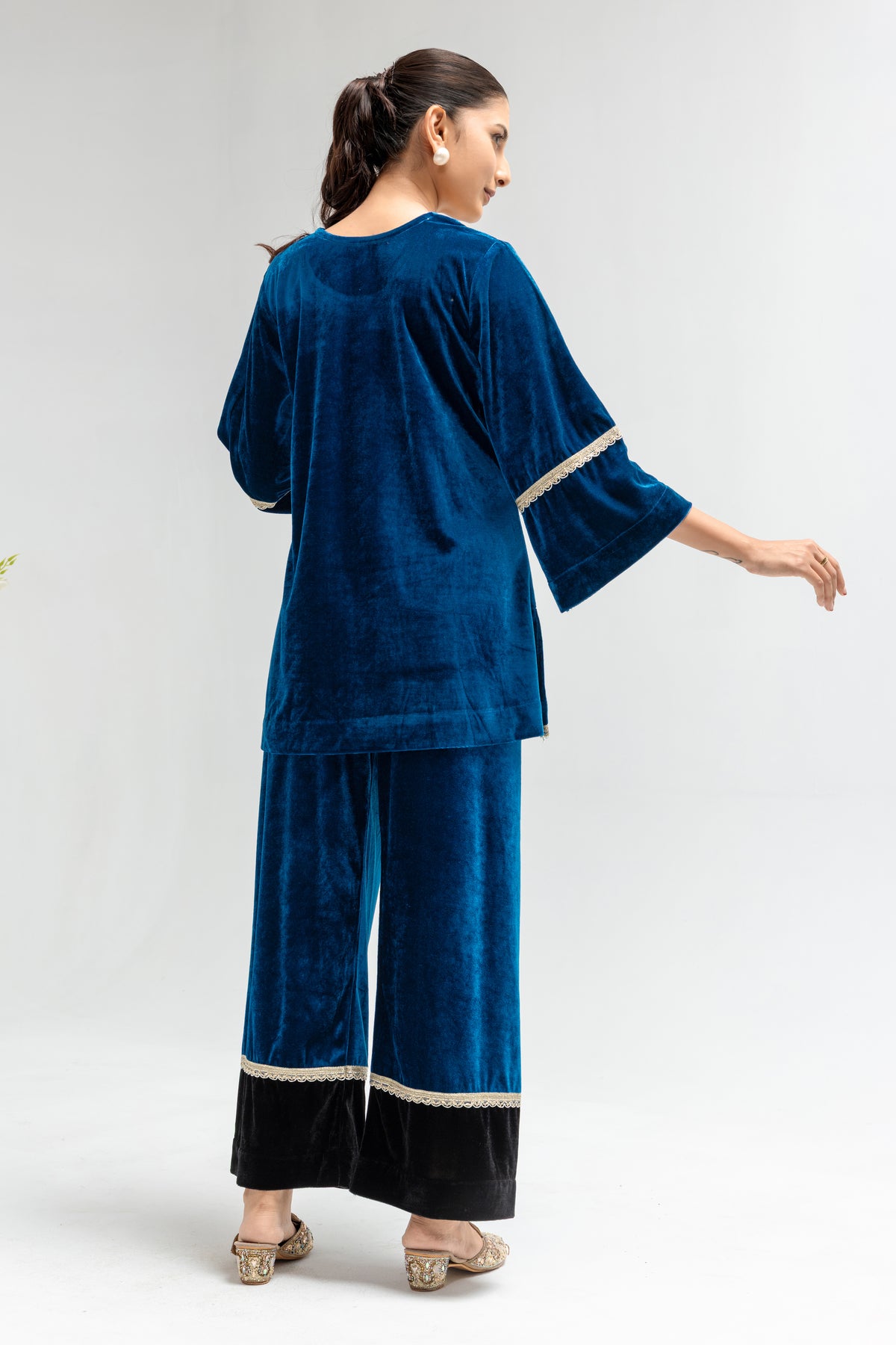 Royal Blue & Black Velvet Embellished Co-Ord Set