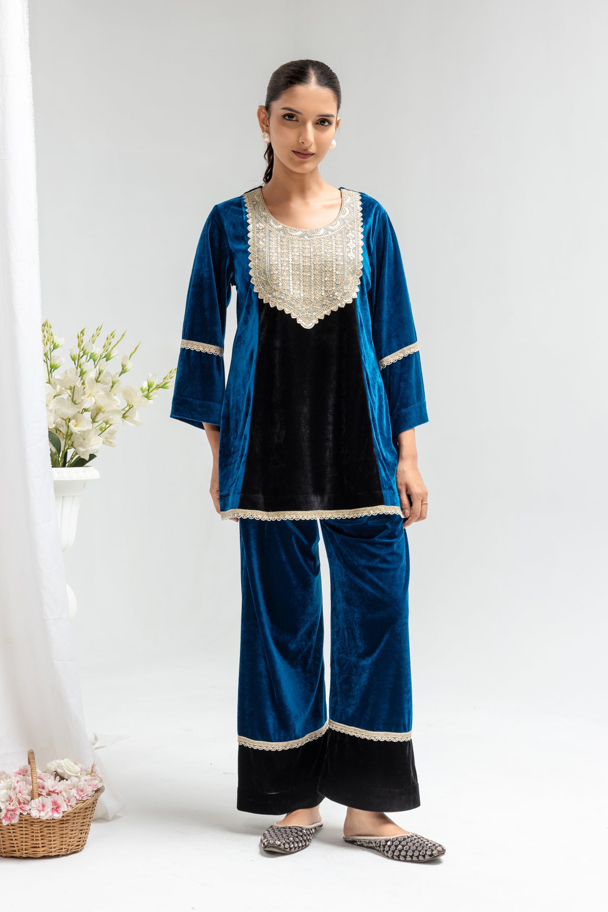 Royal Blue & Black Velvet Embellished Co-Ord Set