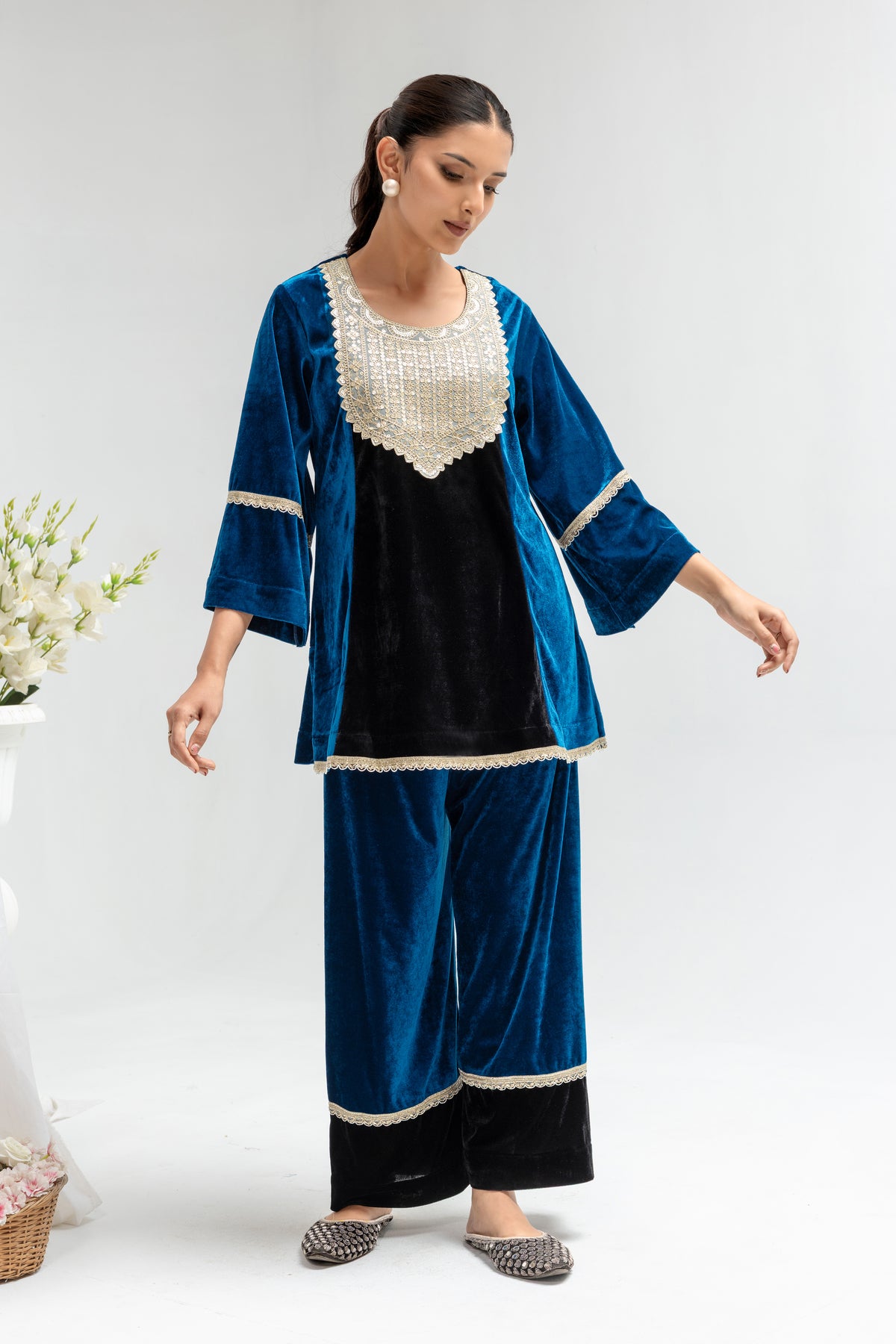Royal Blue & Black Velvet Embellished Co-Ord Set