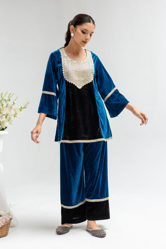 Royal Blue & Black Velvet Embellished Co-Ord Set