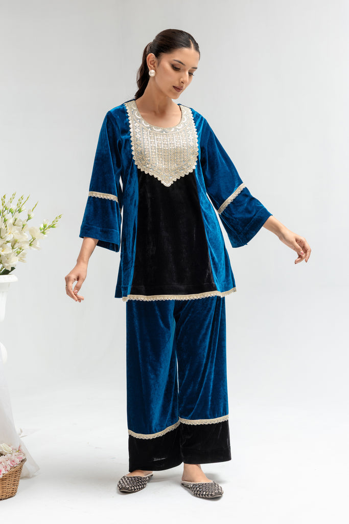 Royal Blue & Black Velvet Embellished Co-Ord Set