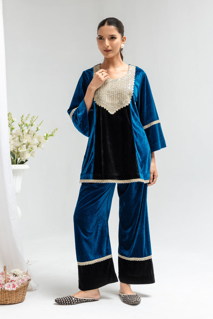 Royal Blue & Black Velvet Embellished Co-Ord Set