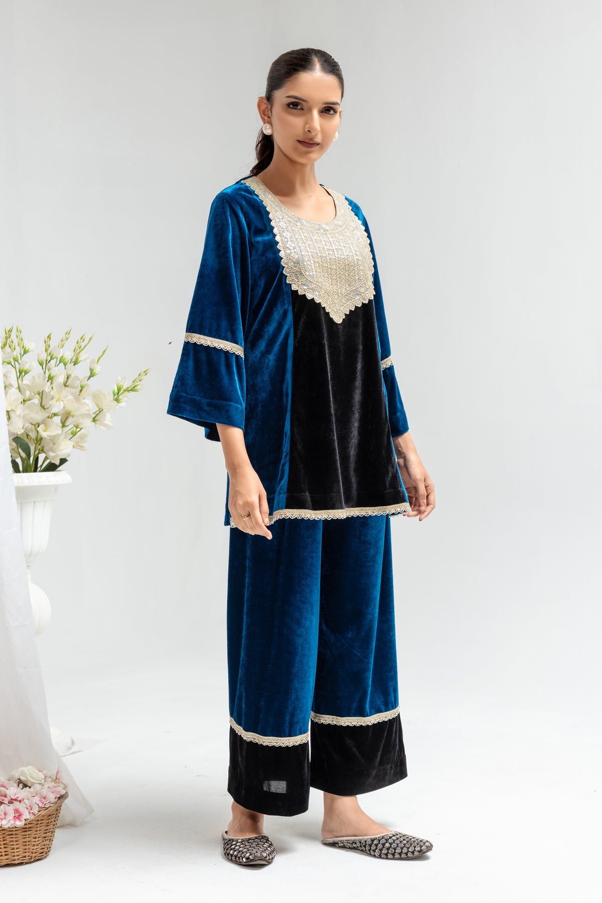 Royal Blue & Black Velvet Embellished Co-Ord Set