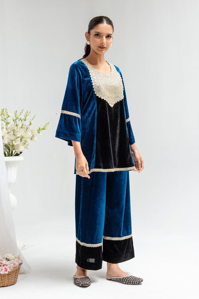Royal Blue & Black Velvet Embellished Co-Ord Set