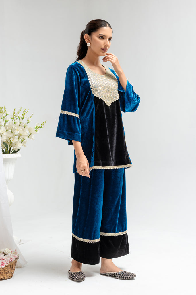 Royal Blue & Black Velvet Embellished Co-Ord Set