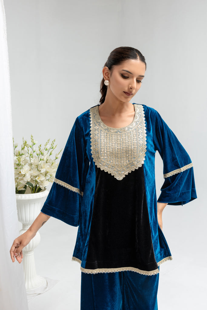 Royal Blue & Black Velvet Embellished Co-Ord Set