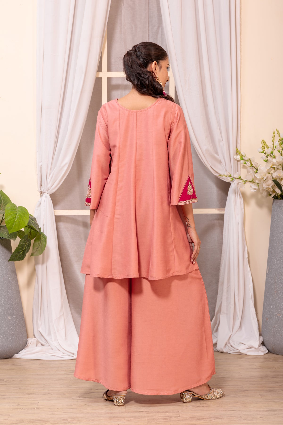 Peach Embellished Kurta Palazzo Suit Set with Dupatta