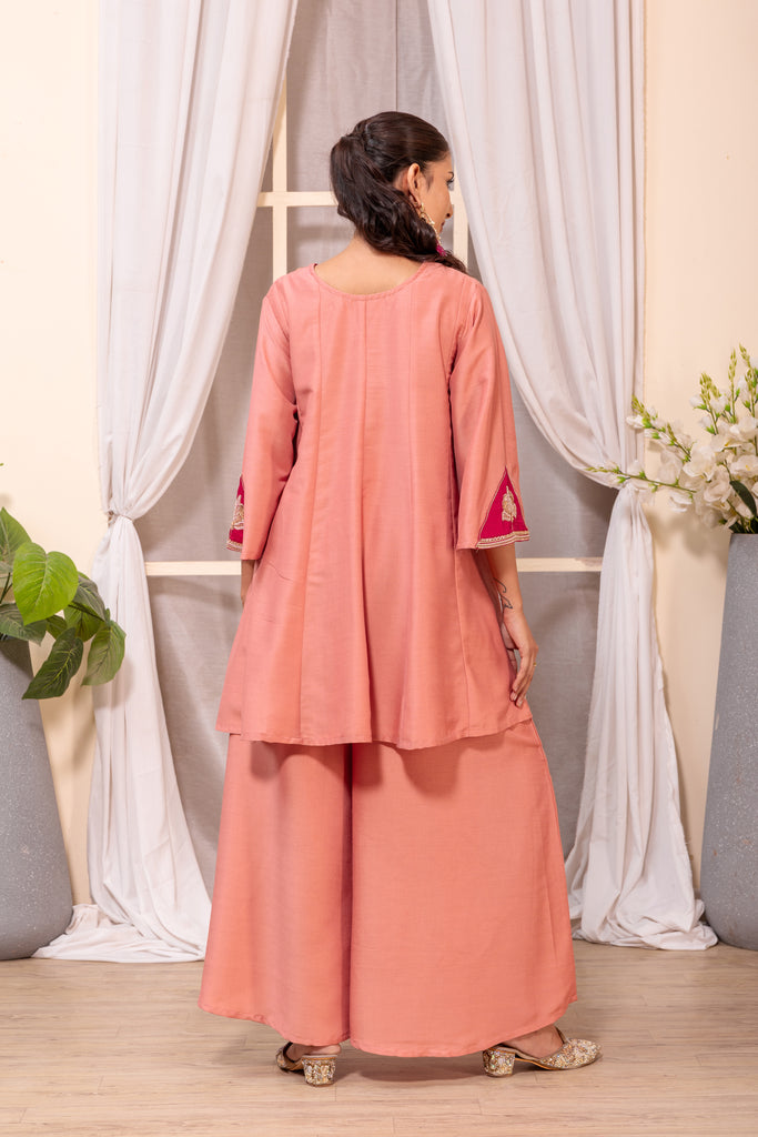 Peach Embellished Kurta Palazzo Suit Set with Dupatta