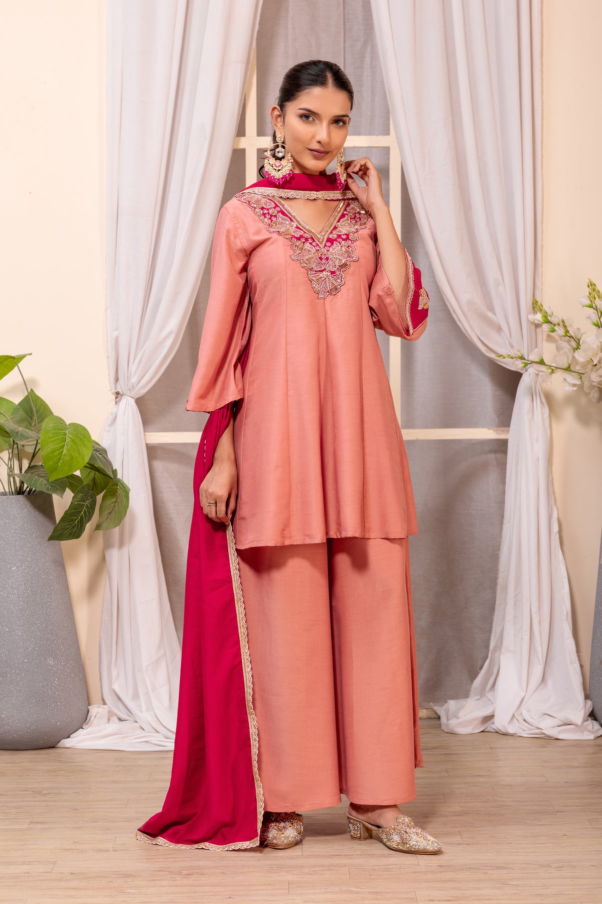 Peach Embellished Kurta Palazzo Suit Set with Dupatta
