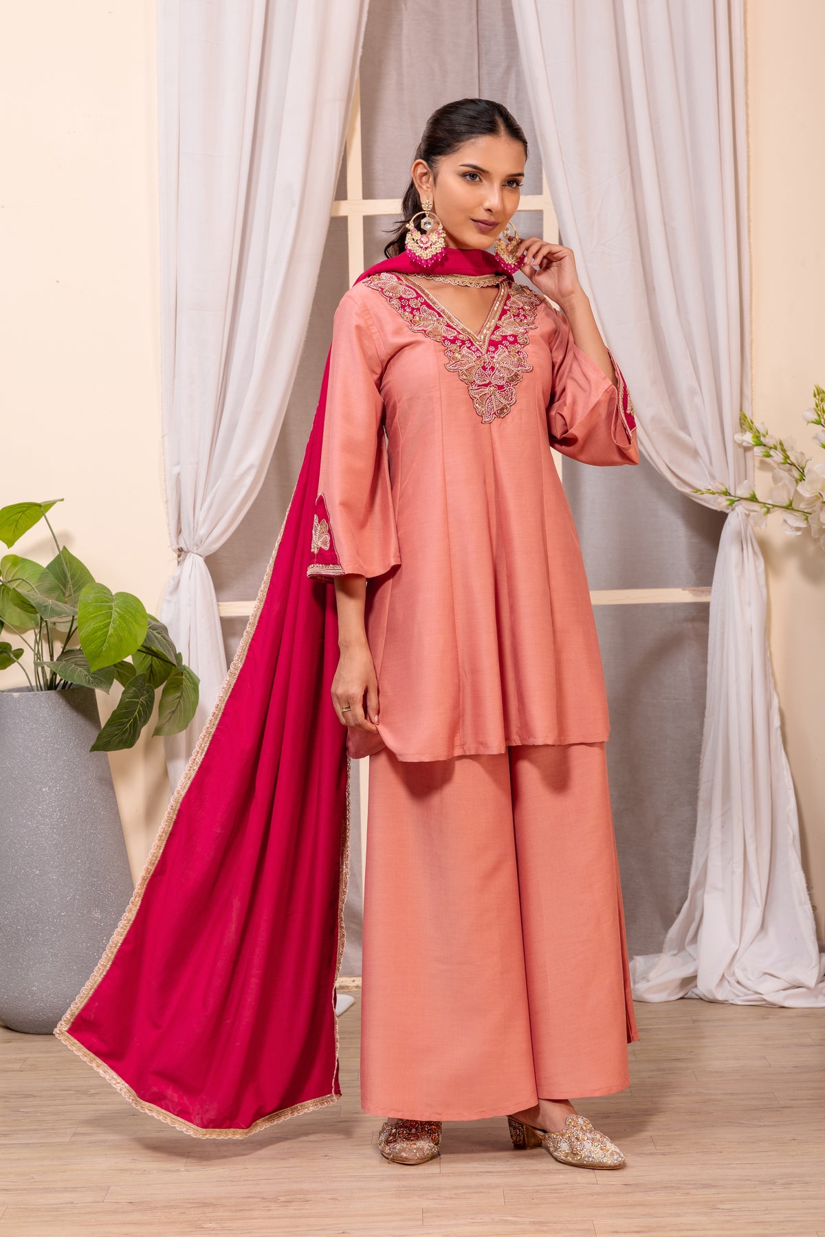 Peach Embellished Kurta Palazzo Suit Set with Dupatta