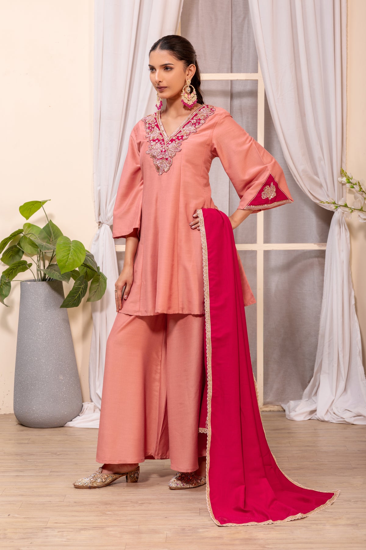 Peach Embellished Kurta Palazzo Suit Set with Dupatta