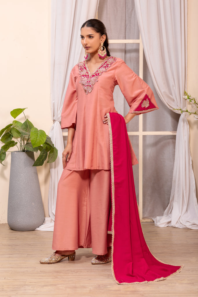 Peach Embellished Kurta Palazzo Suit Set with Dupatta