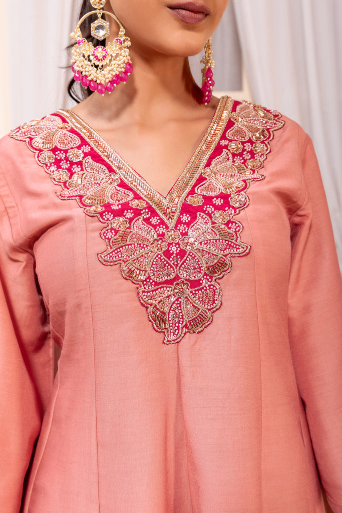 Peach Embellished Kurta Palazzo Suit Set with Dupatta