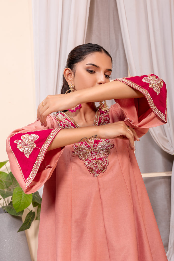 Peach Embellished Kurta Palazzo Suit Set with Dupatta