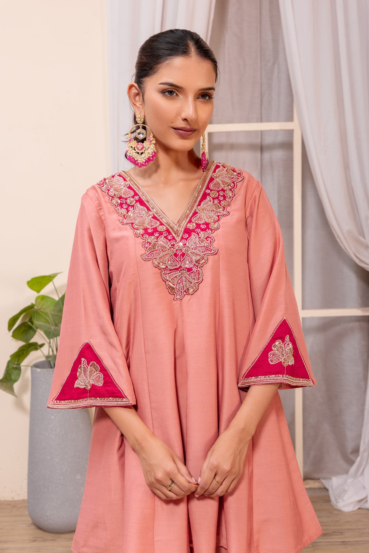 Peach Embellished Kurta Palazzo Suit Set with Dupatta