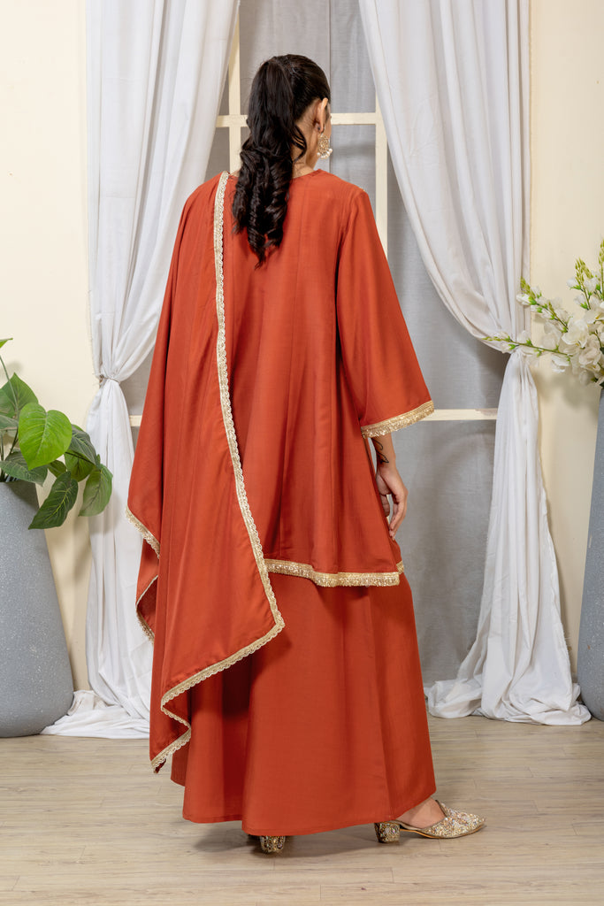 Rust Orange Embellished Kurta Palazzo Suit Set with Dupatta