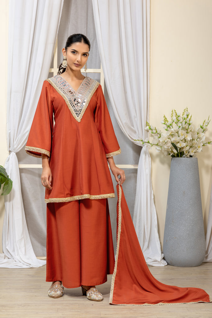 Rust Orange Embellished Kurta Palazzo Suit Set with Dupatta