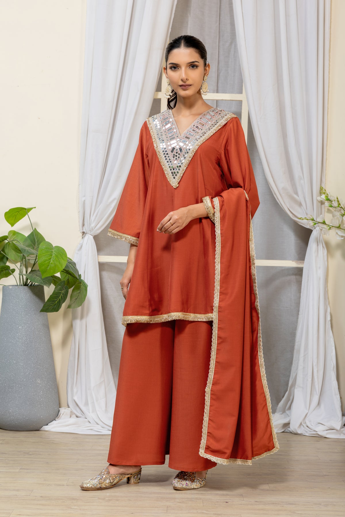 Rust Orange Embellished Kurta Palazzo Suit Set with Dupatta