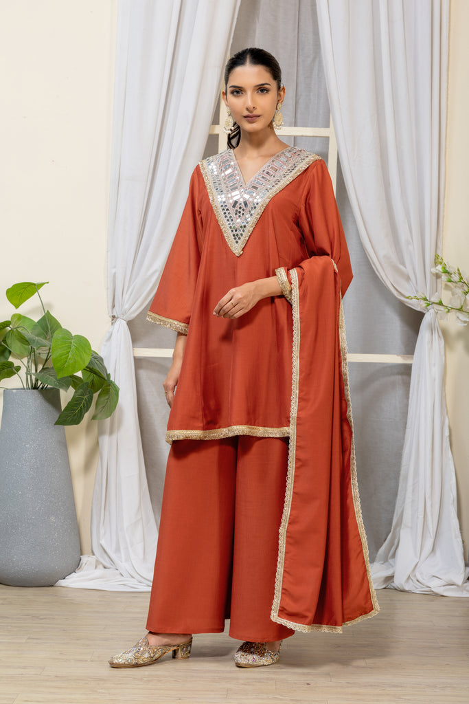 Rust Orange Embellished Kurta Palazzo Suit Set with Dupatta
