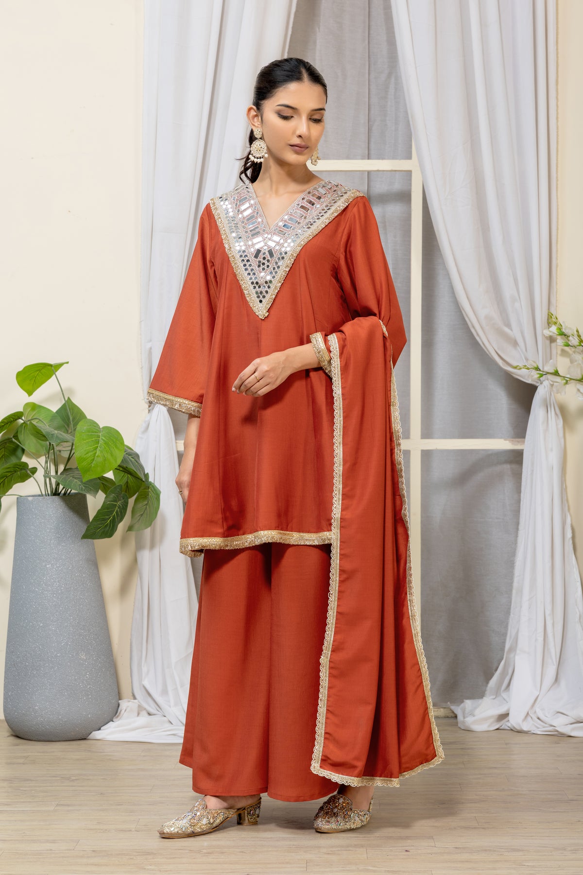Rust Orange Embellished Kurta Palazzo Suit Set with Dupatta